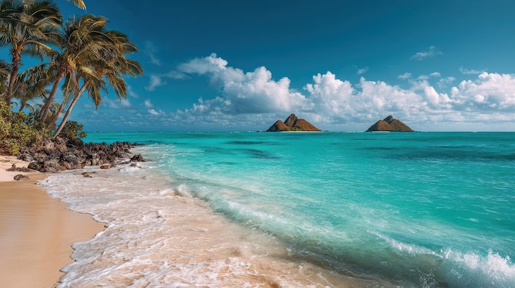 Foto gratuito spiaggia tropicale con oceano turchese, palme e isole lontane