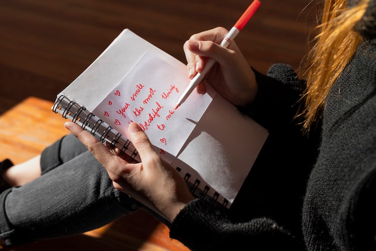 Foto gratuito una donna che scrive una lettera d'amore romantica a qualcuno