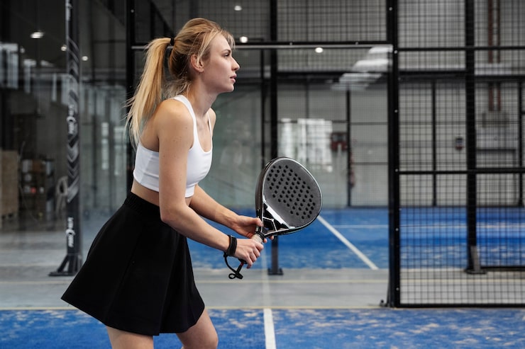 Foto gratuito vista laterale donna in forma che gioca a paddle tennis