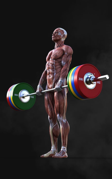 Foto 3d illustrazione di un uomo con i muscoli e un bilanciere sulla schiena