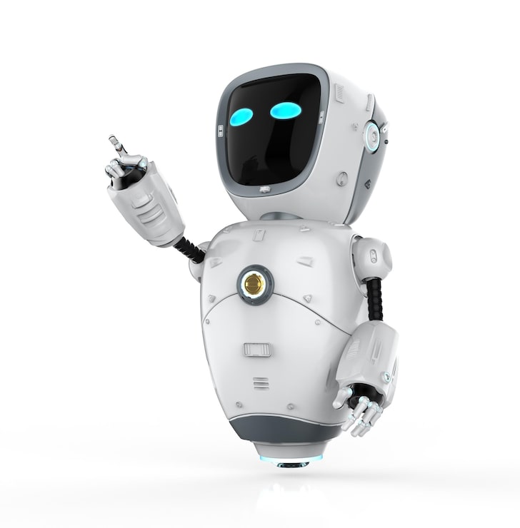 Foto 3d rendering carino intelligenza artificiale robot o assistente robot punto del dito isolato su bianco