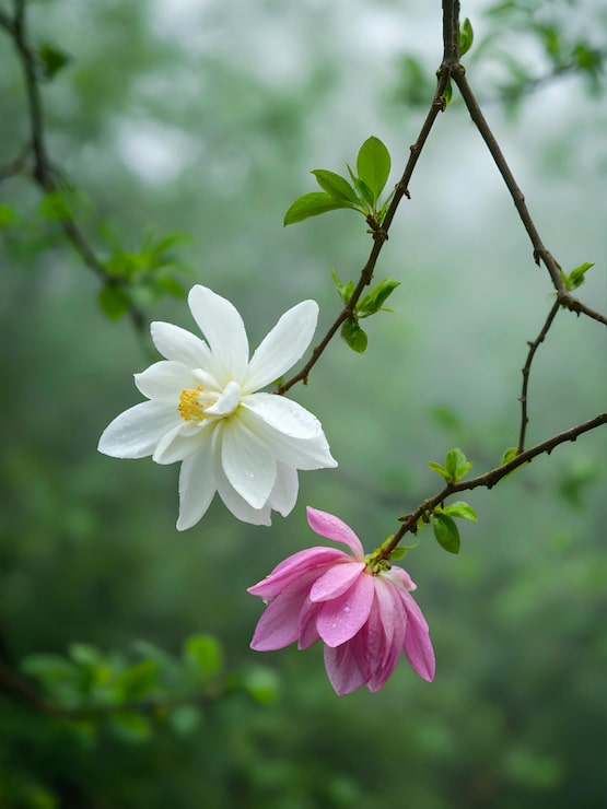 Photo close-up dua bunga magnolia indah yang sedang mekar