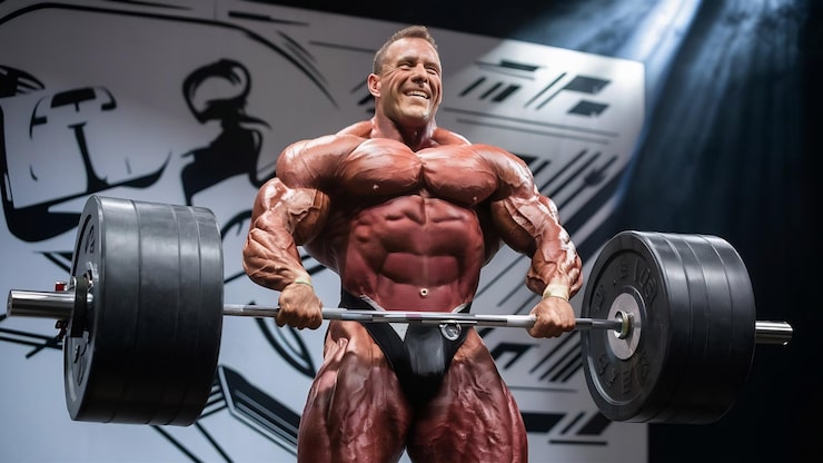 Foto concetto di bodybuilding con uomo e barbell