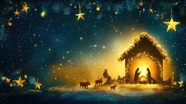 Foto confine natalizio a tema religioso con elementi di presepio e un morbido aureola di luce