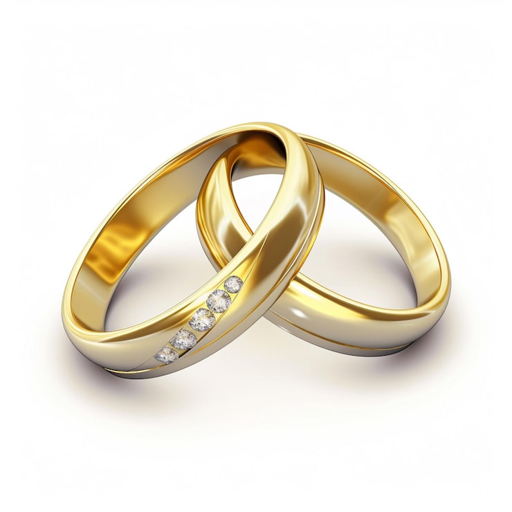 Foto due anelli d'oro con diamanti sono su uno sfondo bianco.