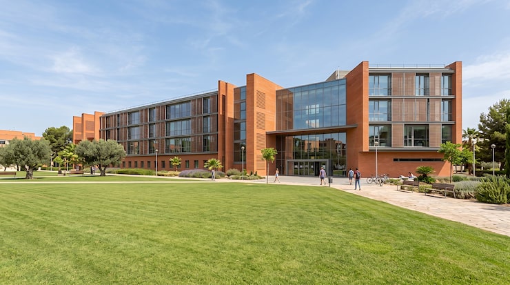 Foto edificio del campus universitario con esterno in mattoni rossi e vetro