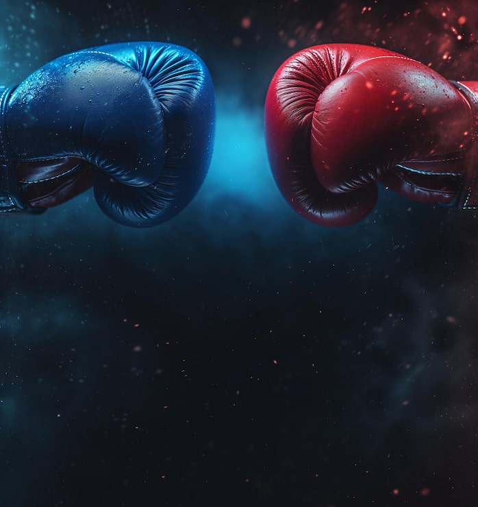 Foto guanti di boxe rossi e blu si scontrano in luce scarsa ai generativa