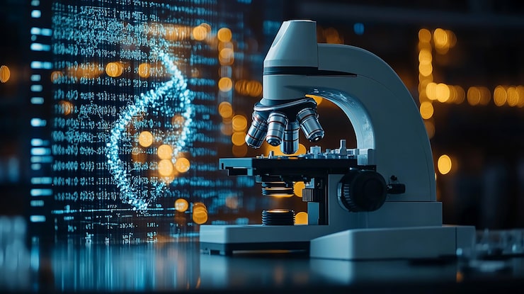 Foto il microscopio e il codice genetico esplorano le frontiere delle scoperte scientifiche
