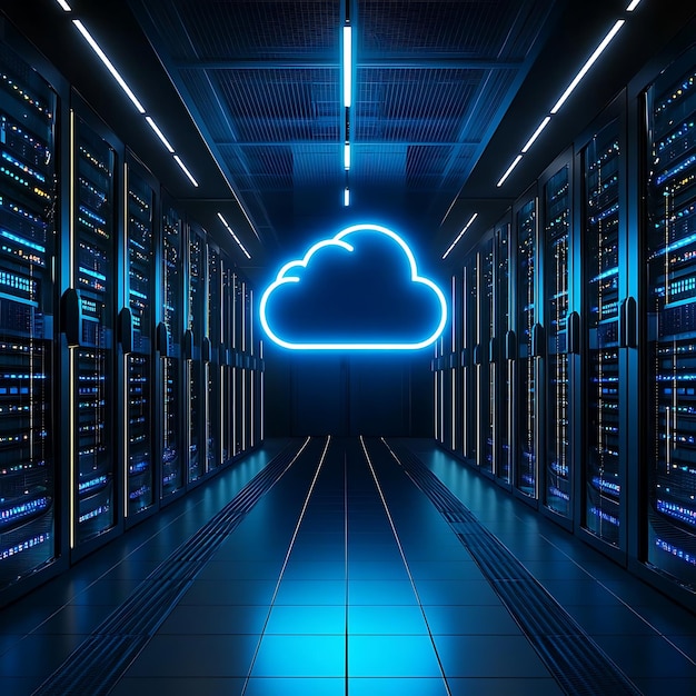 Foto illustrazione 3d cloud computing data center con server rack big data e neon cloud icon