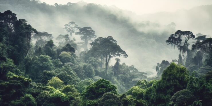 Photo kabut pagi hutan hujan