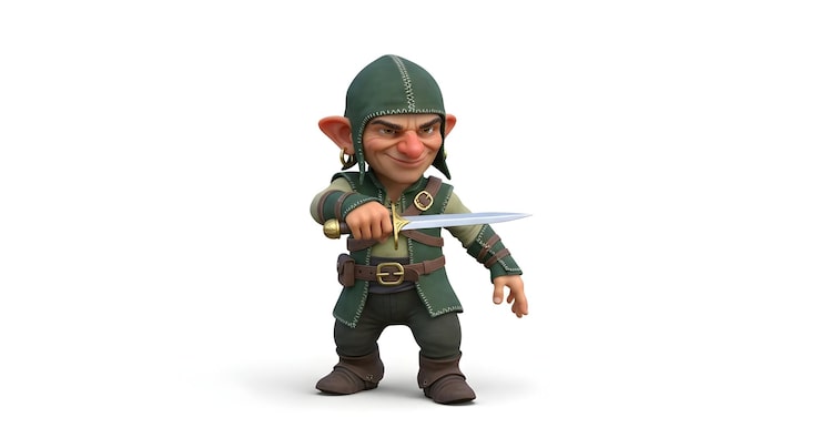 Photo karakter goblin berpose dengan belati - ilustrasi kartun 3d