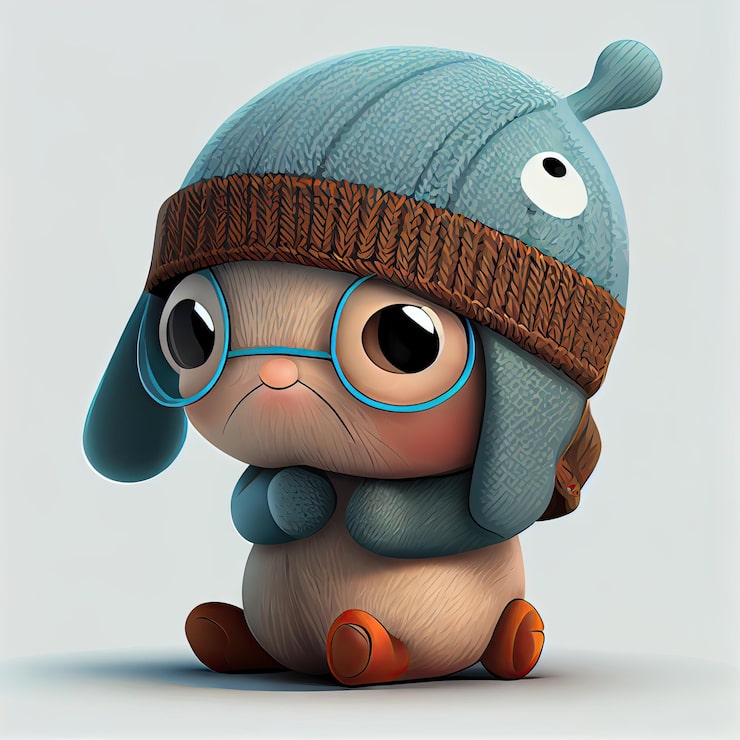 Photo komik kelinci imut mengenakan beanie dengan sweter dan gubuk