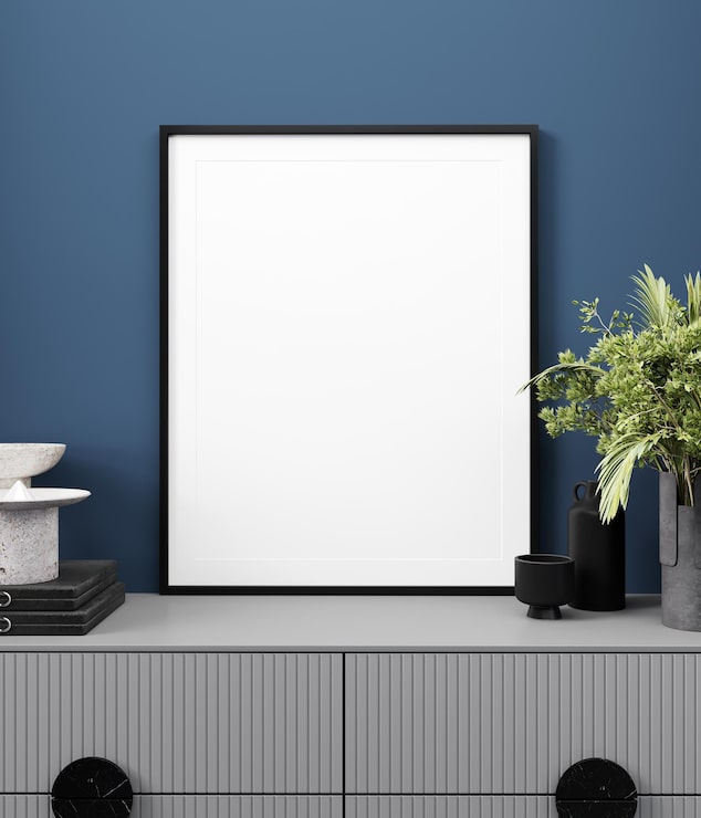 Photo mockup bingkai poster di latar belakang interior modern minimalis dengan dinding biru, render 3d