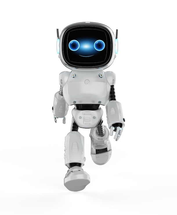 Foto piccolo assistente robot che cammina o si muove