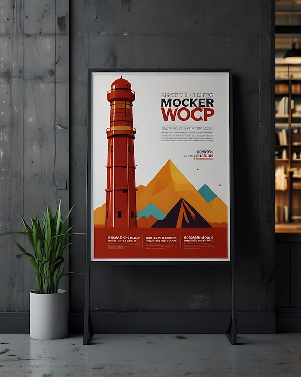 Photo poster berbingkai mercusuar merah dan pegunungan dengan teks quotmocker wocpquot