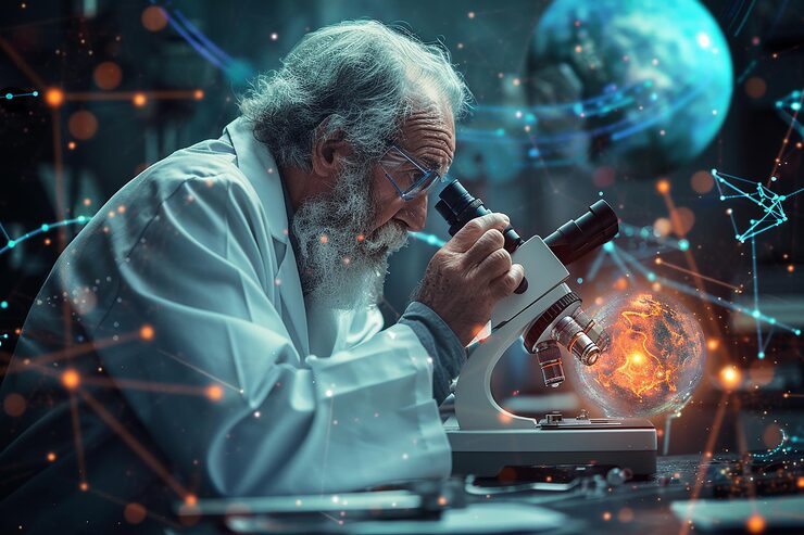 Foto scienziato con il microscopio