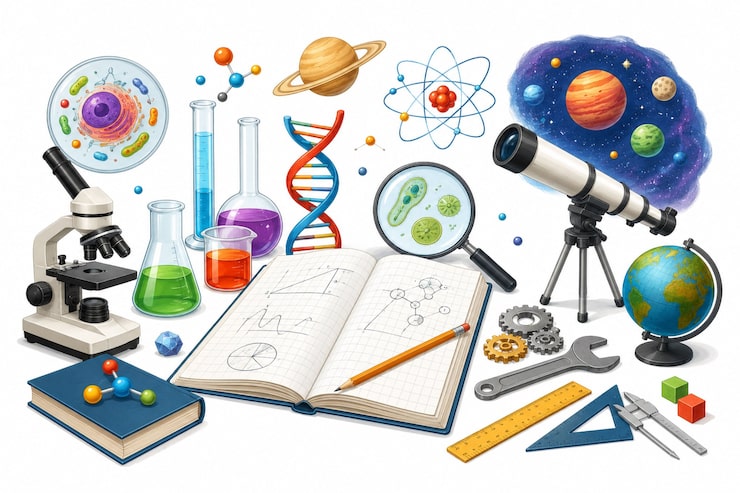 Foto set di icone 3d a gradiente in stile cartone animato per l'educazione scientifica