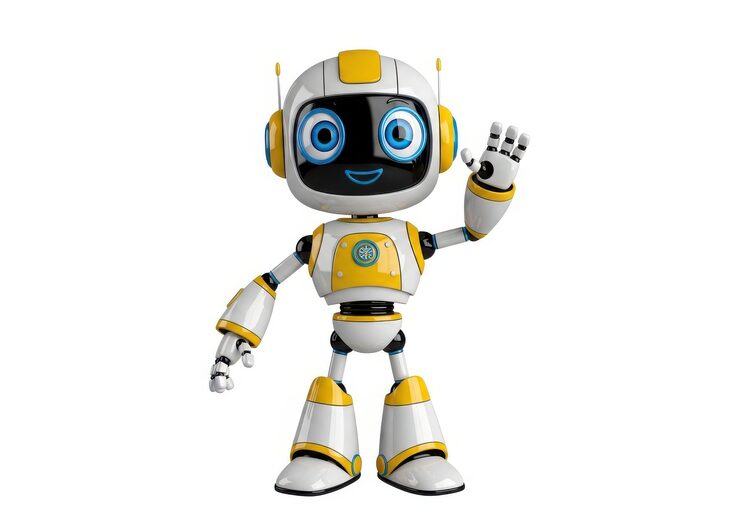 Foto simpatico robot amichevole che saluta con grandi occhi blu