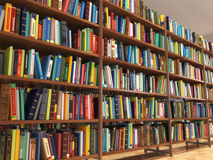 Foto stack di libri e scaffale della biblioteca