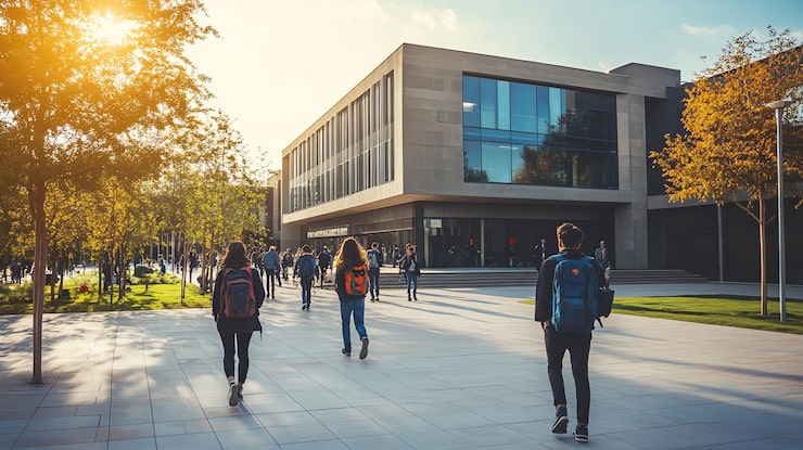Foto studenti che camminano fuori da un moderno edificio universitario al sole