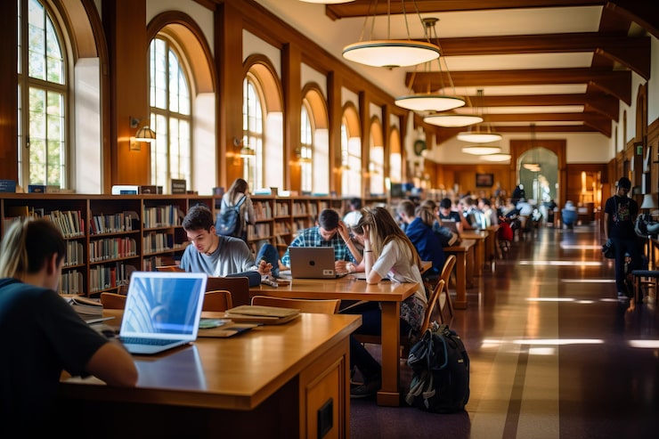 Foto studenti universitari virtuali che aprono la strada dalla scrivania della biblioteca