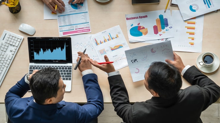 Photo teknologi analisis data visual bisnis oleh perangkat lunak komputer kreatif