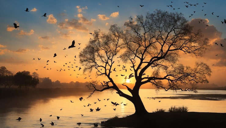Foto uccelli della siluetta dell'albero che volano e fiume al tramonto con bel cielo