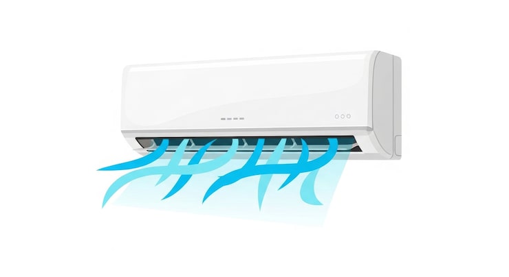 Photo unit ac split mini terpasang di dinding menghembuskan aliran udara biru dingin dengan latar belakang putih