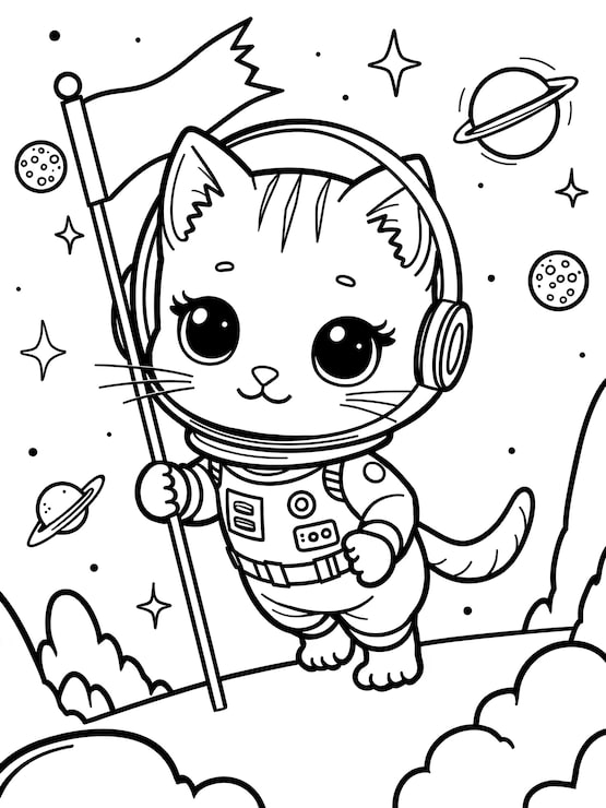 Gato astronauta no espaço com bandeira
