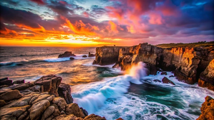 Foto grátis o dramático pôr-do-sol sobre o oceano com ondas violentas e penhascos rochosos