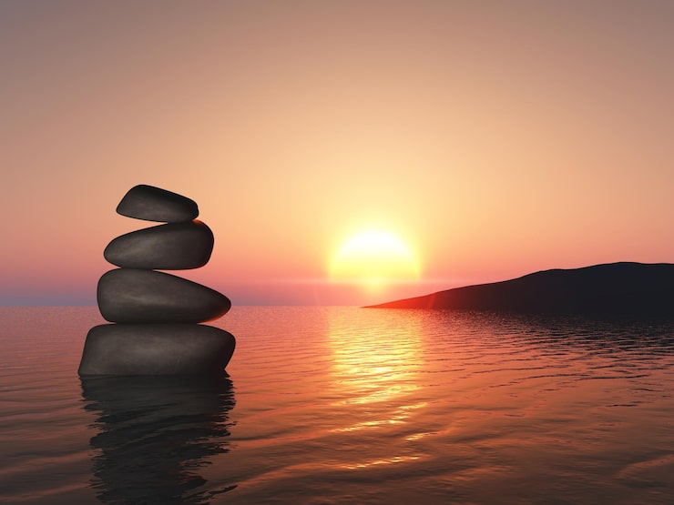 Foto grátis paisagem 3d com seixos de equilíbrio no mar do pôr do sol