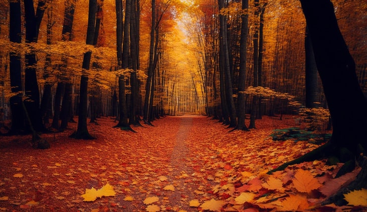 Kostenlose Foto ein pfad in einem wald mit blättern
