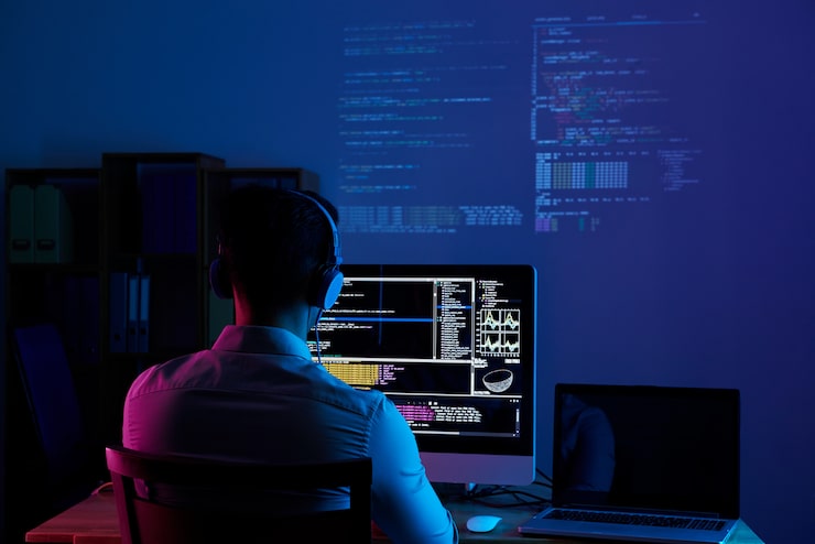 Kostenlose Foto hintere ansicht des programmierers die ganze nacht lang arbeitend