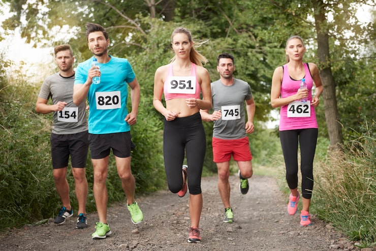 Kostenlose Foto junge freunde laufen während eines marathons