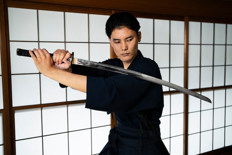 Kostenlose Foto junger mann mit samurai-schwert mittlerer schuss