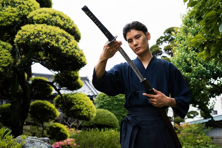 Kostenlose Foto mittlerer schussmann, der samuraischwert hält