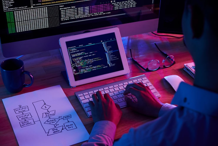 Kostenlose Foto professioneller programmierer, der spät im dunklen büro arbeitet