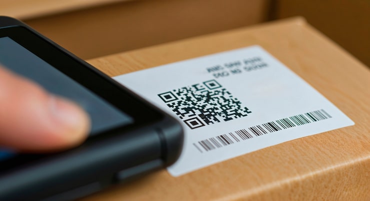 Kostenlose Foto scannen eines qr-codes auf einer verpackung zur sendungsverfolgung
