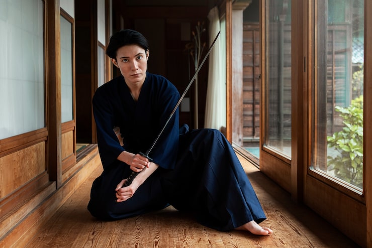 Kostenlose Foto voller schuss junger mann mit samurai-schwert