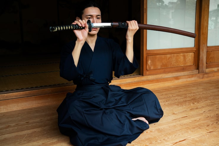 Kostenlose Foto voller schuss samurai mit schwert
