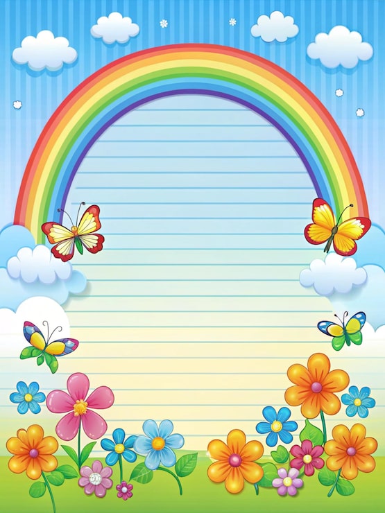Foto un arcoíris con mariposas y un marco con un arco iris en el fondo