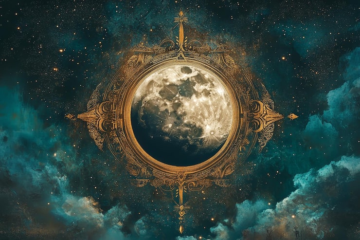 Foto la brújula celeste de la luna llena en un marco dorado