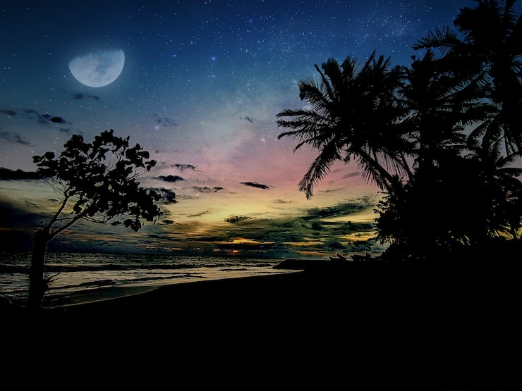 Foto céu noturno na praia com meia lua
