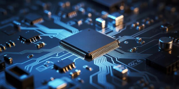 Foto close-up de placa de circuito eletrônico com microchip