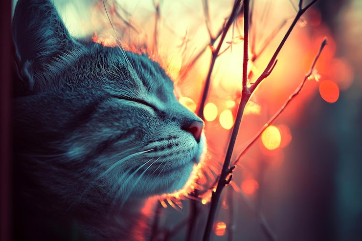 Foto un close-up de un gato tabby pacificamente tomando el sol en la luz dorada junto a las luces de cuerda brillantes que evocan wa