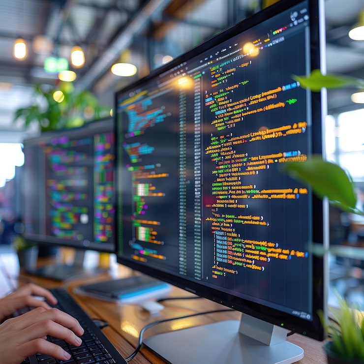 Foto detaillierte codierungssitzung in einem modernen arbeitsraum mit lebendigen bildschirmen mit programmiersprachen