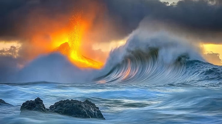 Foto una dramática escena de erupción volcánica con olas que chocan contra la orilla al atardecer