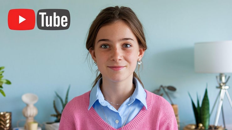 Foto ein mädchen mit einem rosa pullover und einem blauen hemd mit dem wort darauf