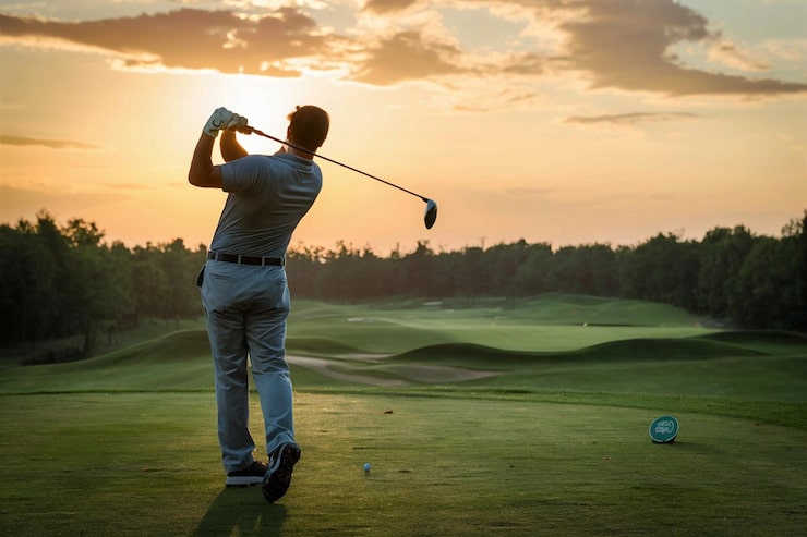 Foto ein mann spielt golf und ist dabei, einen ball zu schlagen