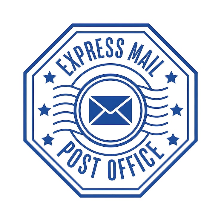 Foto emblema octogonal com envelope e texto azul em fundo branco
